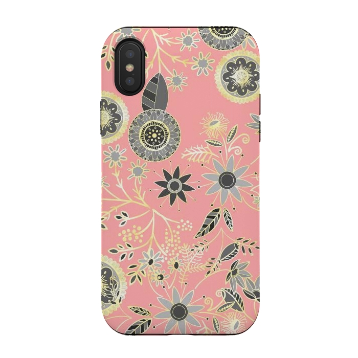 iPhone Xs / X StrongFit Elegant Gray and Pink Folk Floral Golden Design by InovArts