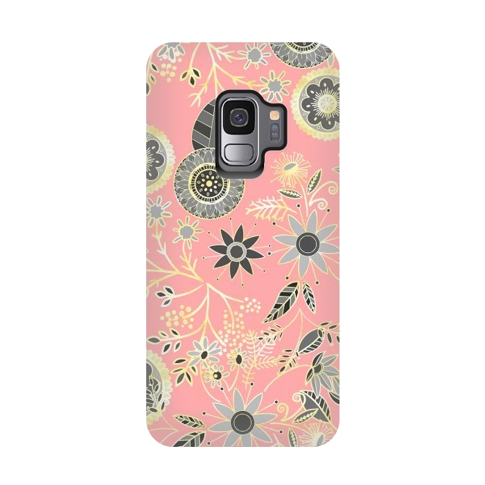 Galaxy S9 StrongFit Elegant Gray and Pink Folk Floral Golden Design by InovArts