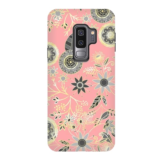 Galaxy S9 plus StrongFit Elegant Gray and Pink Folk Floral Golden Design by InovArts