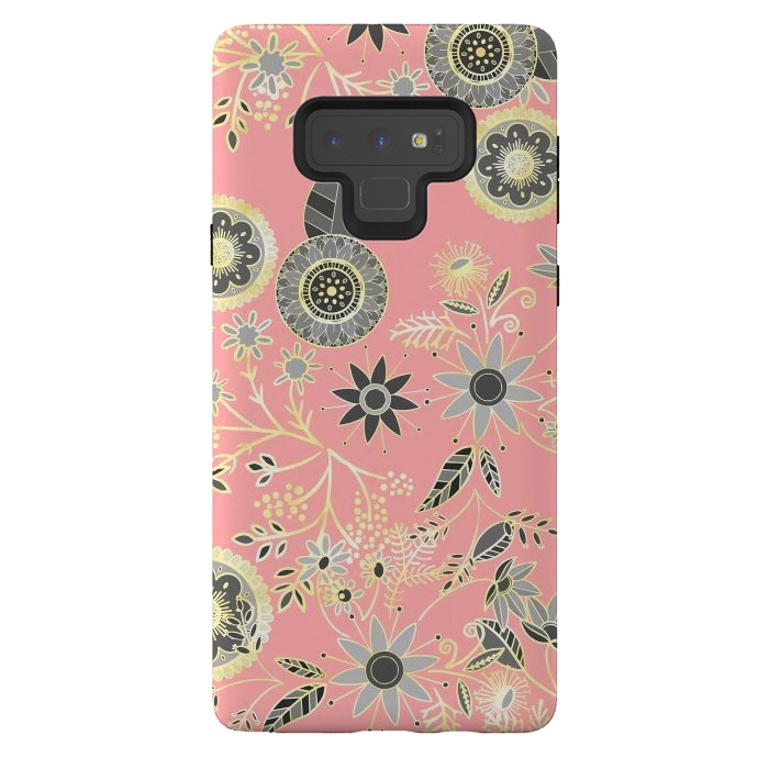 Galaxy Note 9 StrongFit Elegant Gray and Pink Folk Floral Golden Design by InovArts