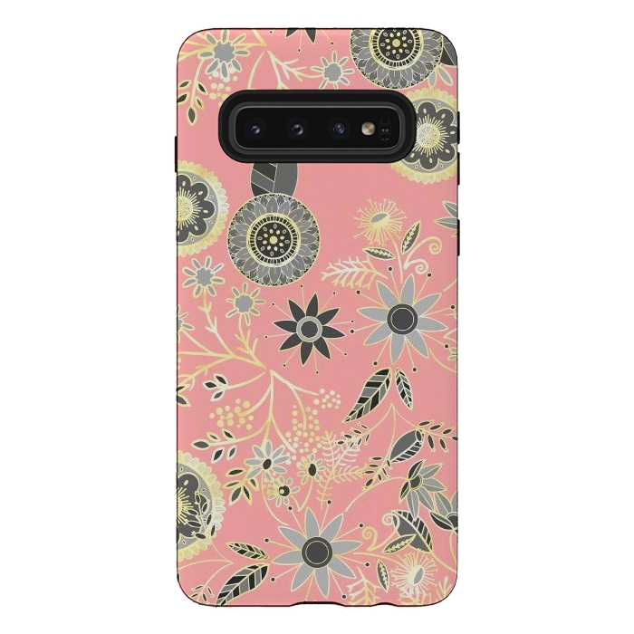 Galaxy S10 StrongFit Elegant Gray and Pink Folk Floral Golden Design by InovArts