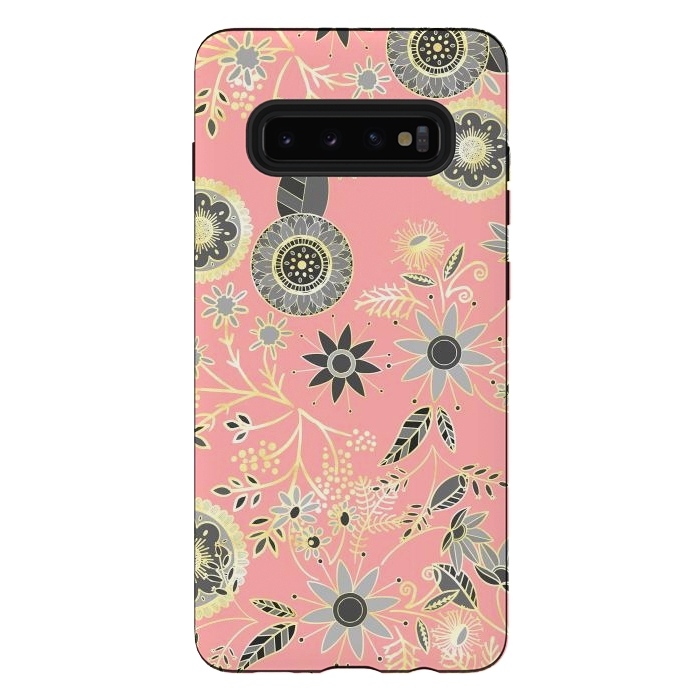 Galaxy S10 plus StrongFit Elegant Gray and Pink Folk Floral Golden Design by InovArts