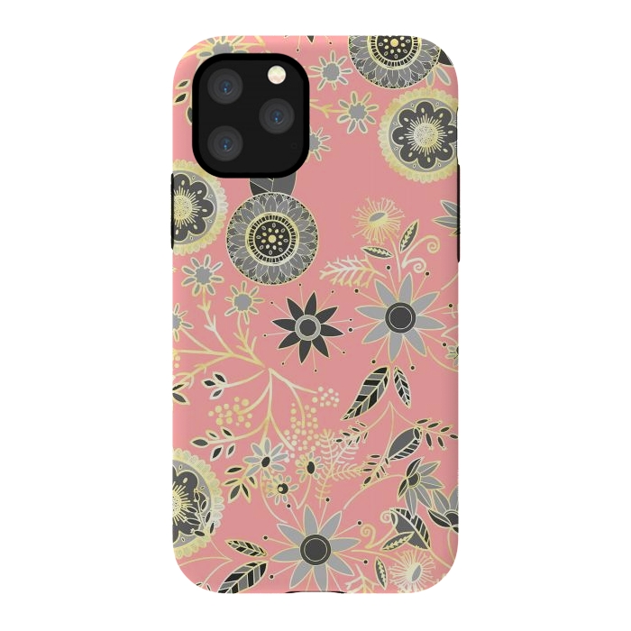 iPhone 11 Pro StrongFit Elegant Gray and Pink Folk Floral Golden Design by InovArts