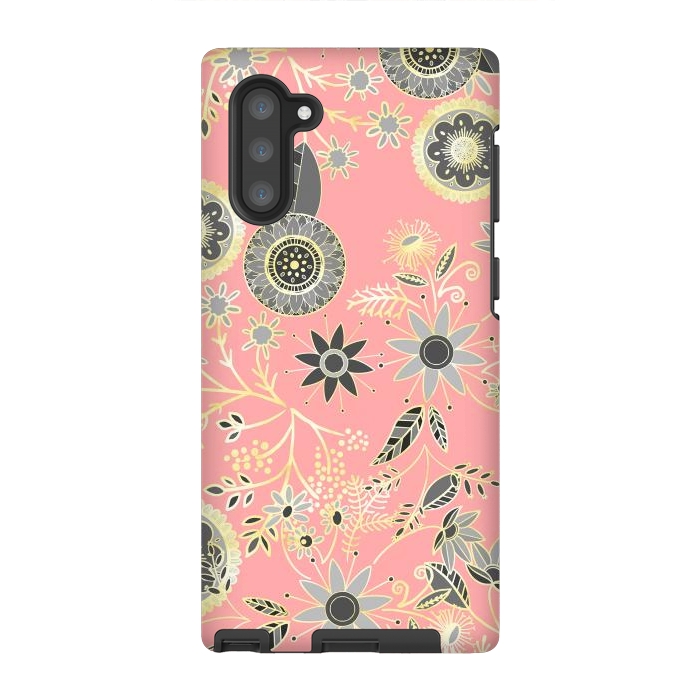Galaxy Note 10 StrongFit Elegant Gray and Pink Folk Floral Golden Design by InovArts
