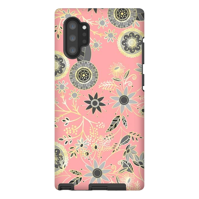 Galaxy Note 10 plus StrongFit Elegant Gray and Pink Folk Floral Golden Design by InovArts