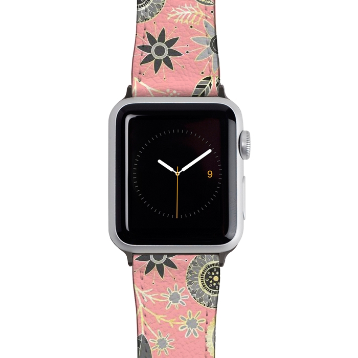 Watch 38mm / 40mm Strap PU leather Elegant Gray and Pink Folk Floral Golden Design by InovArts
