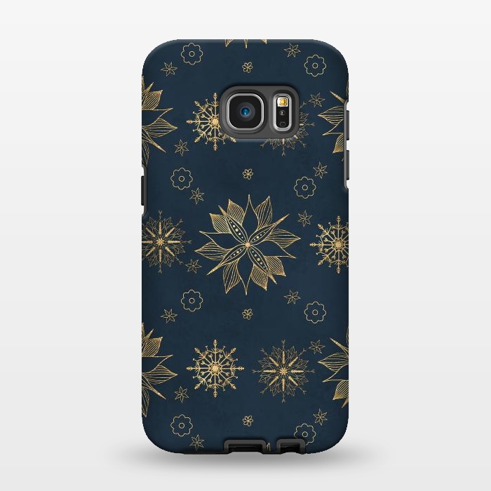 Galaxy S7 EDGE StrongFit Elegant Gold Blue Poinsettias Snowflakes Pattern by InovArts