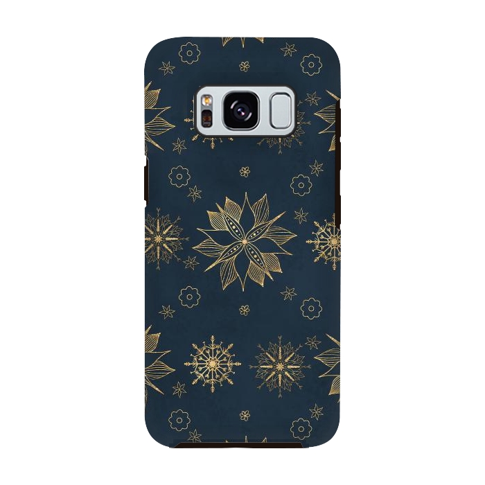 Galaxy S8 StrongFit Elegant Gold Blue Poinsettias Snowflakes Pattern by InovArts