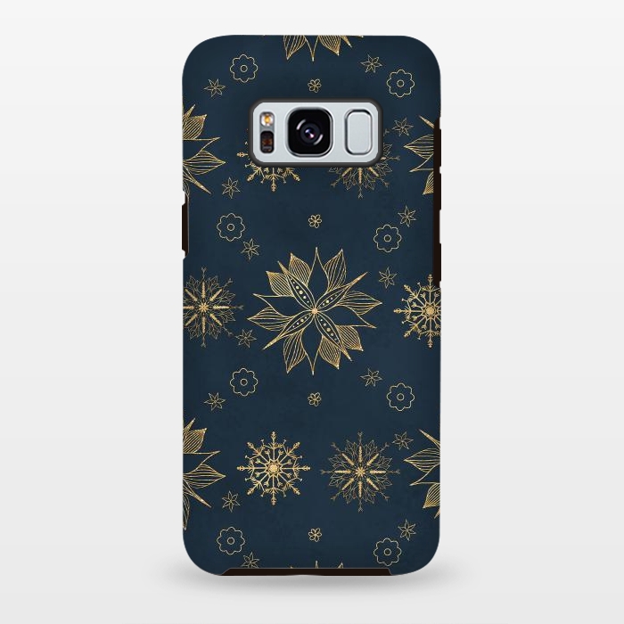 Galaxy S8 plus StrongFit Elegant Gold Blue Poinsettias Snowflakes Pattern by InovArts