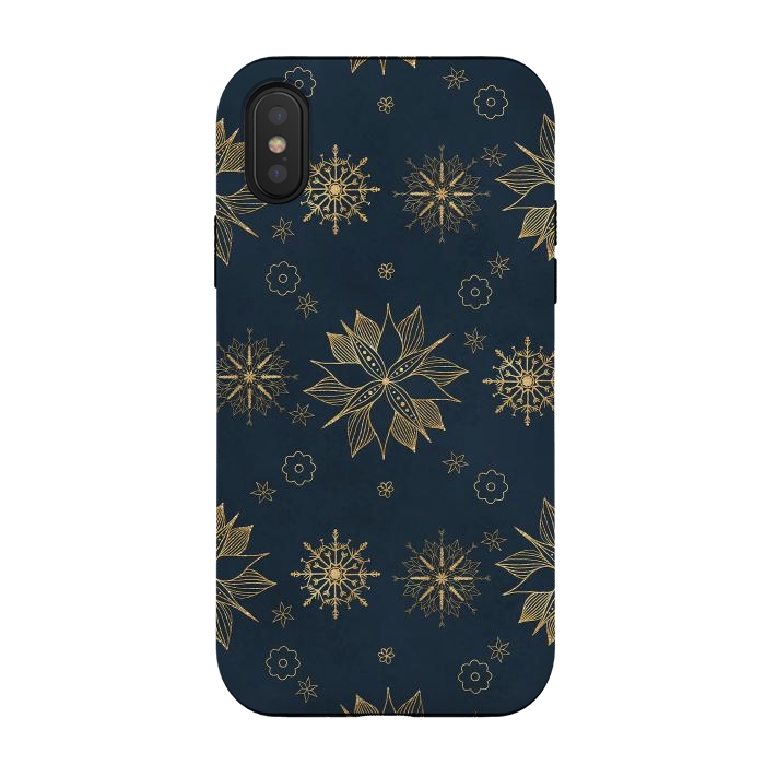 iPhone Xs / X StrongFit Elegant Gold Blue Poinsettias Snowflakes Pattern by InovArts