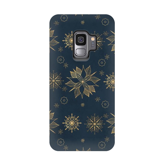 Galaxy S9 StrongFit Elegant Gold Blue Poinsettias Snowflakes Pattern by InovArts