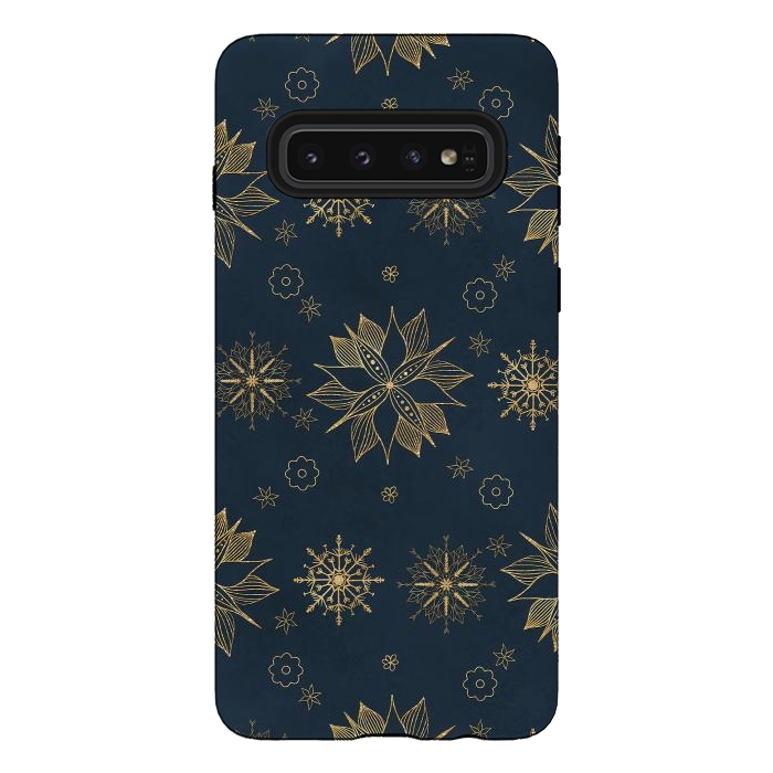 Galaxy S10 StrongFit Elegant Gold Blue Poinsettias Snowflakes Pattern by InovArts