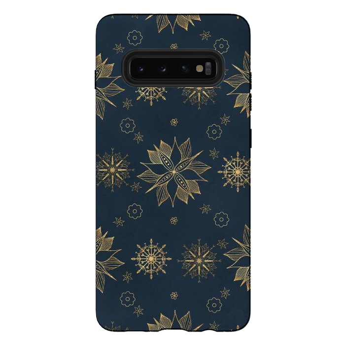 Galaxy S10 plus StrongFit Elegant Gold Blue Poinsettias Snowflakes Pattern by InovArts