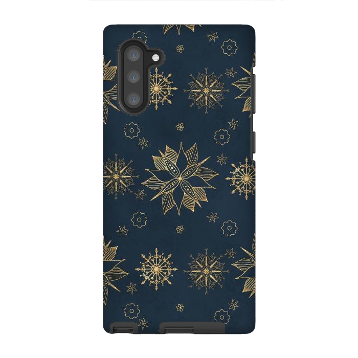 Galaxy Note 10 StrongFit Elegant Gold Blue Poinsettias Snowflakes Pattern by InovArts