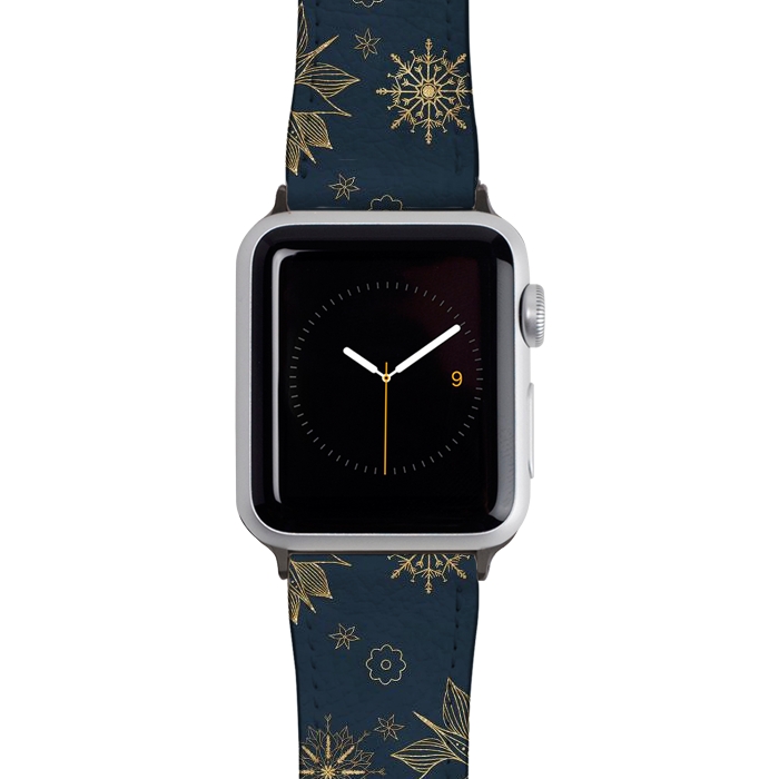 Watch 38mm / 40mm Strap PU leather Elegant Gold Blue Poinsettias Snowflakes Pattern by InovArts