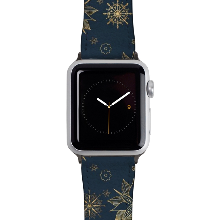 Watch 42mm / 44mm Strap PU leather Elegant Gold Blue Poinsettias Snowflakes Pattern by InovArts
