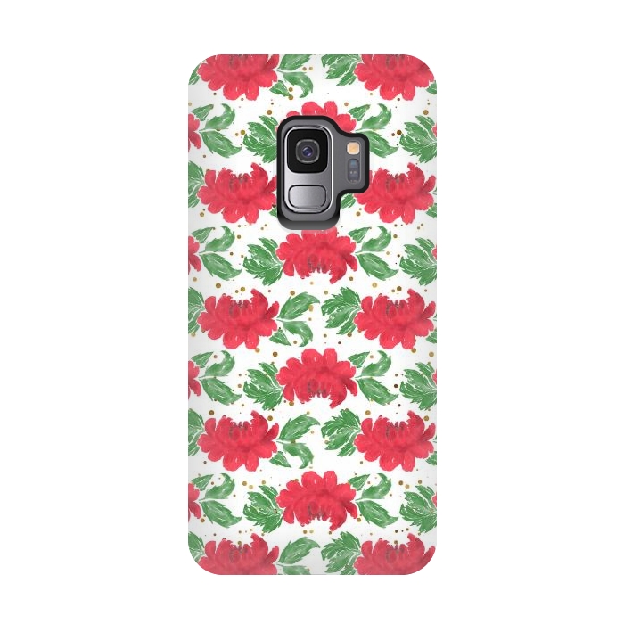 Galaxy S9 StrongFit Watercolor Winter Red Flowers Gold Dots Artwork by InovArts