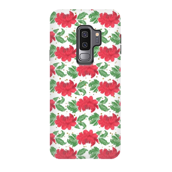 Galaxy S9 plus StrongFit Watercolor Winter Red Flowers Gold Dots Artwork by InovArts