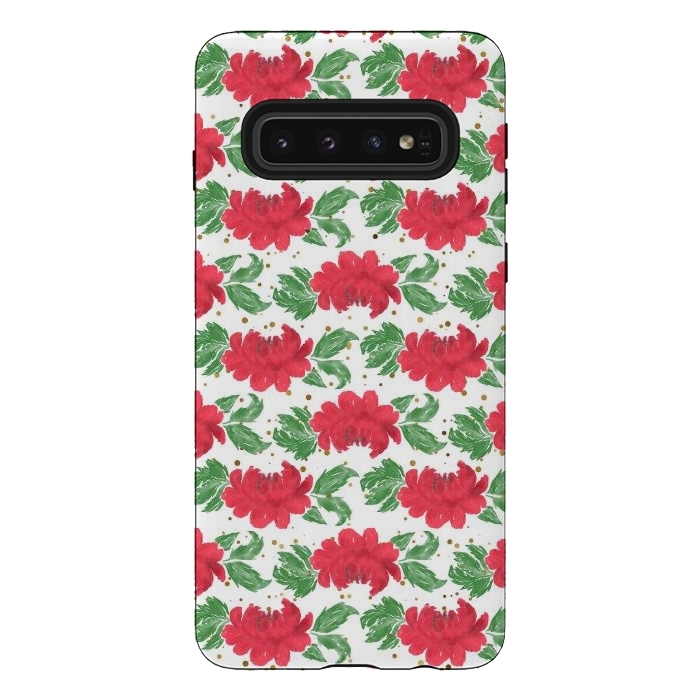 Galaxy S10 StrongFit Watercolor Winter Red Flowers Gold Dots Artwork by InovArts