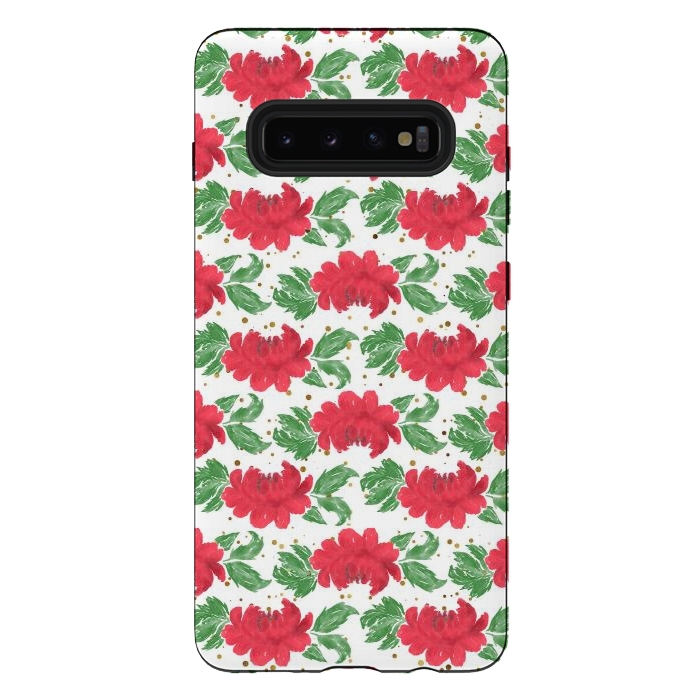 Galaxy S10 plus StrongFit Watercolor Winter Red Flowers Gold Dots Artwork by InovArts