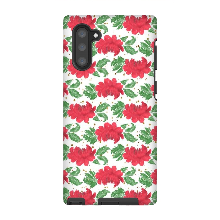 Galaxy Note 10 StrongFit Watercolor Winter Red Flowers Gold Dots Artwork by InovArts