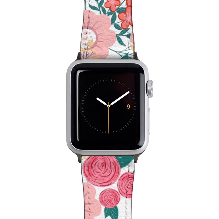 Watch 42mm / 44mm Strap PU leather Cute girly pink Hand Drawn Flowers design by InovArts
