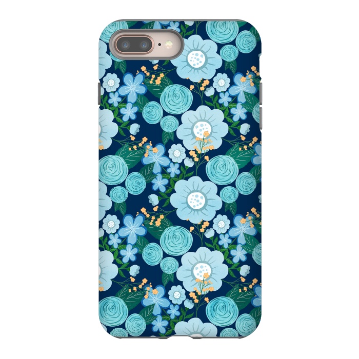 iPhone 7 plus StrongFit Cute Girly Blue Hand Drawn Flowers Pattern by InovArts