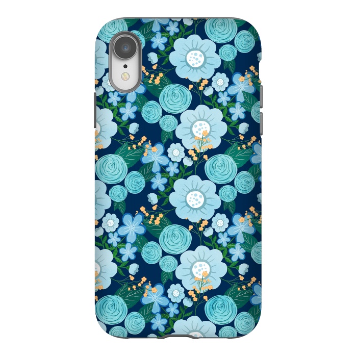 iPhone Xr StrongFit Cute Girly Blue Hand Drawn Flowers Pattern by InovArts