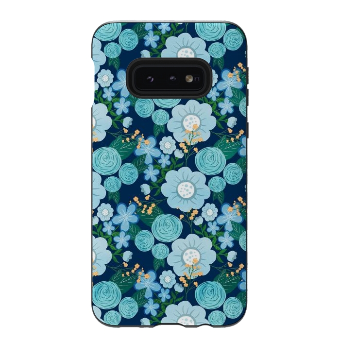 Galaxy S10e StrongFit Cute Girly Blue Hand Drawn Flowers Pattern by InovArts