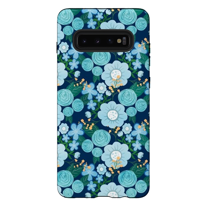 Galaxy S10 plus StrongFit Cute Girly Blue Hand Drawn Flowers Pattern by InovArts