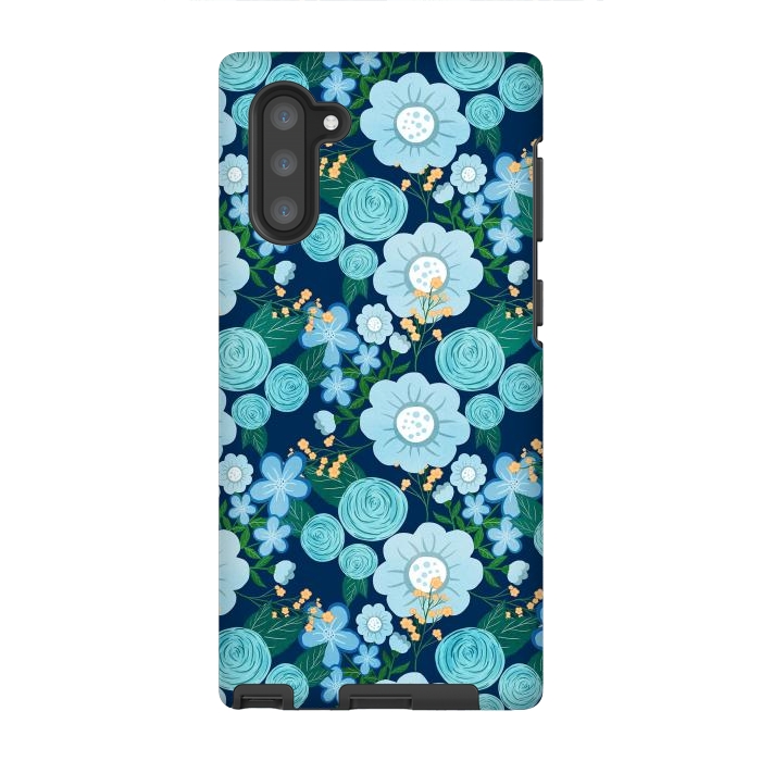 Galaxy Note 10 StrongFit Cute Girly Blue Hand Drawn Flowers Pattern by InovArts