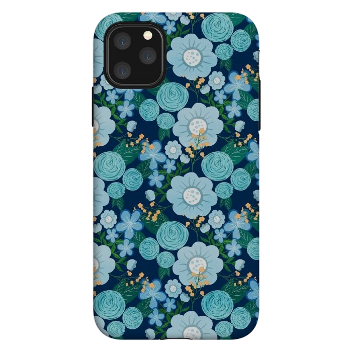 iPhone 11 Pro Max StrongFit Cute Girly Blue Hand Drawn Flowers Pattern by InovArts