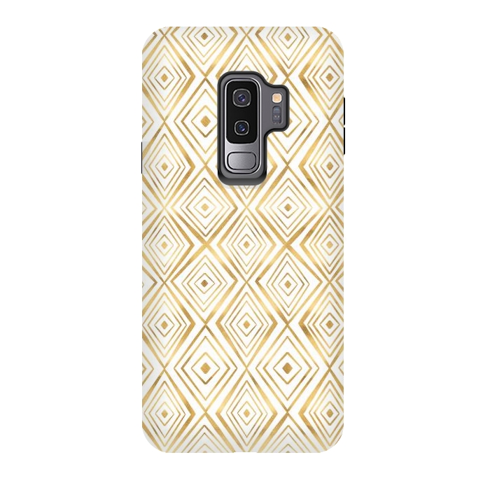 Galaxy S9 plus StrongFit Stylish Gold Diamond Shapes Doodles White Pattern by InovArts