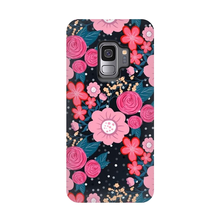 Galaxy S9 StrongFit Pretty girly pink Floral Silver Dots Gray design by InovArts