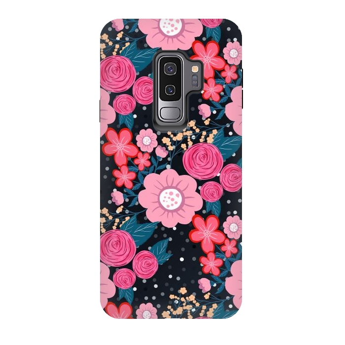 Galaxy S9 plus StrongFit Pretty girly pink Floral Silver Dots Gray design by InovArts