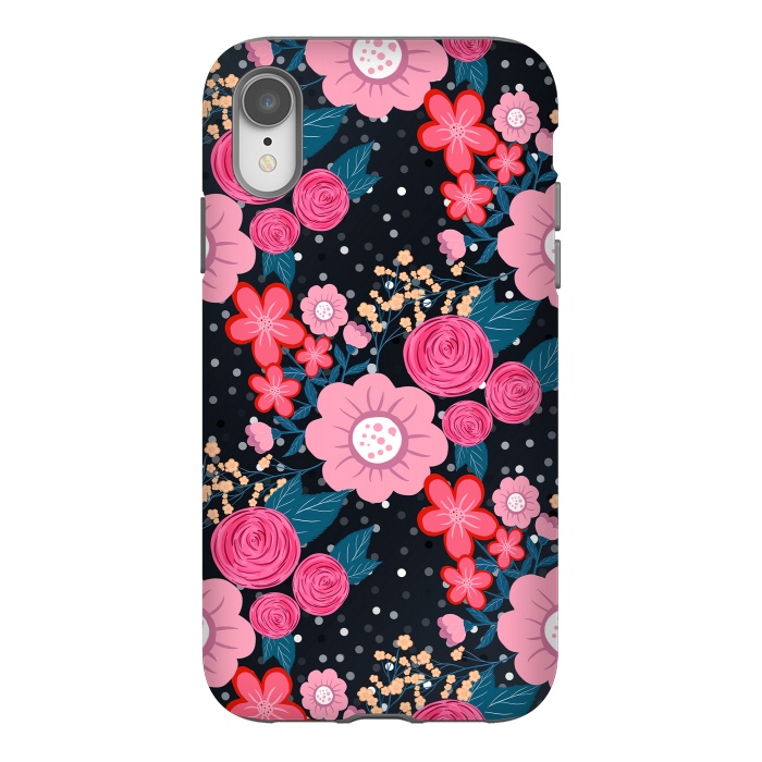iPhone Xr StrongFit Pretty girly pink Floral Silver Dots Gray design by InovArts