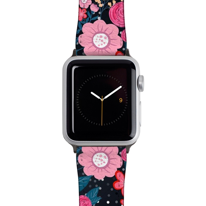 Watch 38mm / 40mm Strap PU leather Pretty girly pink Floral Silver Dots Gray design by InovArts