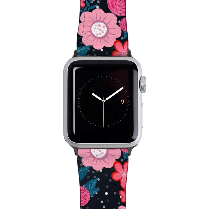 Watch 42mm / 44mm Strap PU leather Pretty girly pink Floral Silver Dots Gray design by InovArts