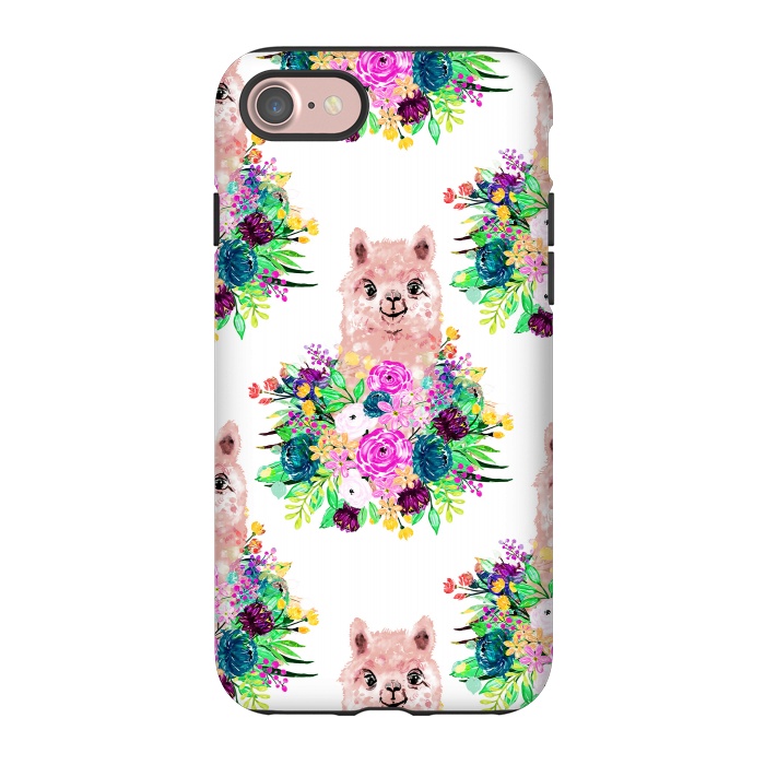 iPhone 7 StrongFit Cute Pink Alpaca and Flowers Watercolor paint by InovArts