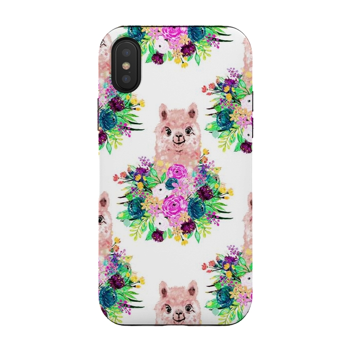 iPhone Xs / X StrongFit Cute Pink Alpaca and Flowers Watercolor paint by InovArts