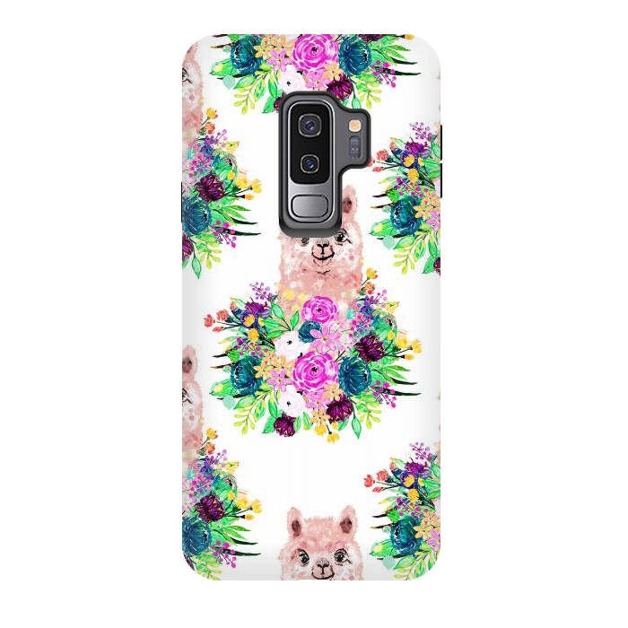 Galaxy S9 plus StrongFit Cute Pink Alpaca and Flowers Watercolor paint by InovArts