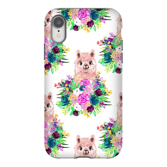 iPhone Xr StrongFit Cute Pink Alpaca and Flowers Watercolor paint by InovArts