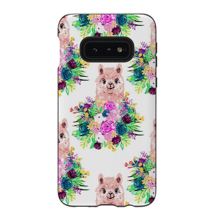 Galaxy S10e StrongFit Cute Pink Alpaca and Flowers Watercolor paint by InovArts