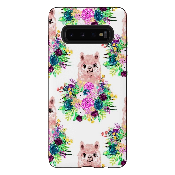 Galaxy S10 plus StrongFit Cute Pink Alpaca and Flowers Watercolor paint by InovArts