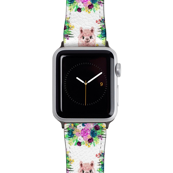 Watch 38mm / 40mm Strap PU leather Cute Pink Alpaca and Flowers Watercolor paint by InovArts