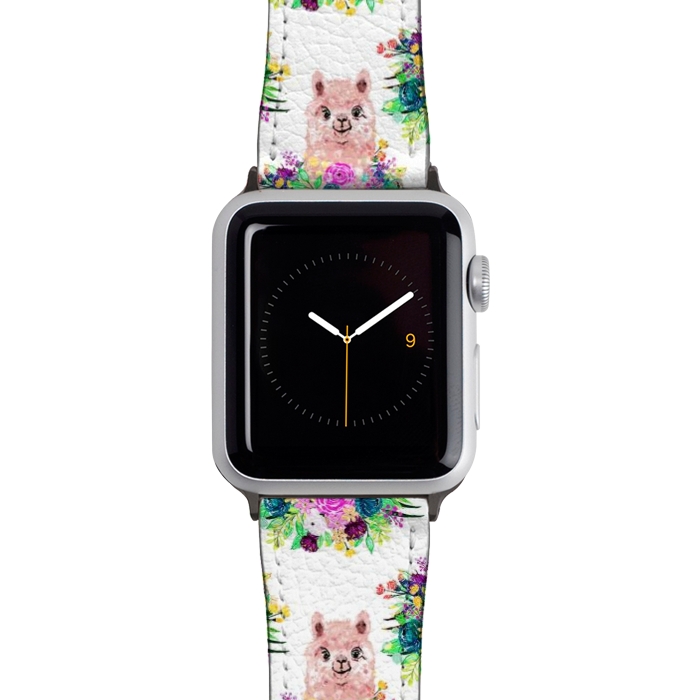 Watch 42mm / 44mm Strap PU leather Cute Pink Alpaca and Flowers Watercolor paint by InovArts