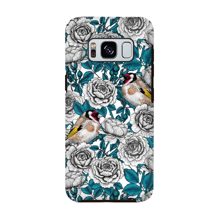 Galaxy S8 StrongFit White rose flowers and goldfinch birds by Katerina Kirilova