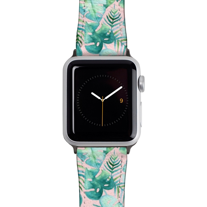 Watch 42mm / 44mm Strap PU leather Cyan Tropical Jungle on Pink by Tangerine-Tane
