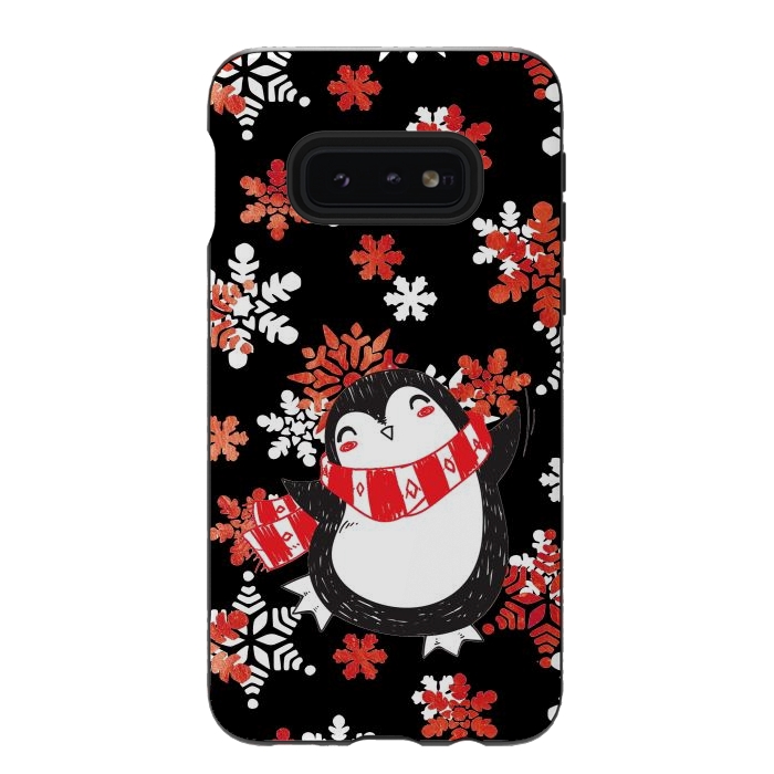 Galaxy S10e StrongFit Cute penguin and winter snowflakes Jolly Christmas illustration by Oana 