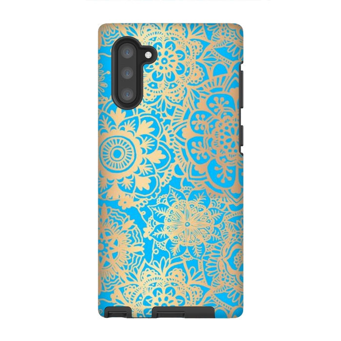 Galaxy Note 10 StrongFit Light Blue and Gold Mandala Pattern by Julie Erin Designs